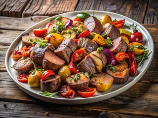 Tender chunks of meat and an assortment of colorful roasted vegetables, carefully presented on a refined oval plate, tantalize the taste buds and stir the senses.