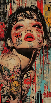 artistic print, street art in red, yellow and blue tones with a girl, in a combined technique of collage, oil painting, brushstrokes, texture of old paper, anime and graffiti
