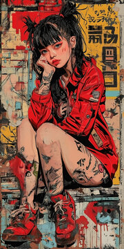 artistic print, street art in red, yellow and blue tones with a girl, in a combined technique of collage, oil painting, brushstrokes, texture of old paper, anime and graffiti