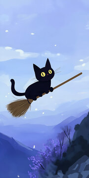 A cute little kitten is flying on a broomstick through the night sky. The theme of the Halloween night. autumn