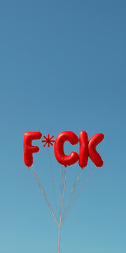 4 balloons in the blue sky that make up the word f*ck