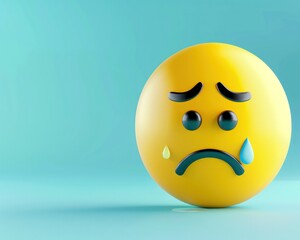Fototapeta premium 3D yellow emoji with a sad face, single tear drop, and soft matte texture on a light blue background.