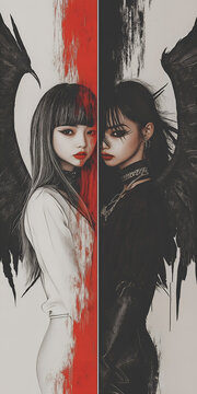 a girl showing two sides of the same personality. an angel and a demon. good and evil