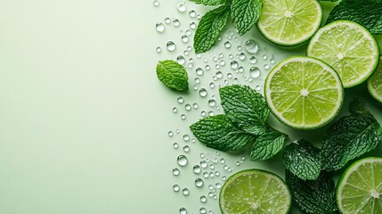 A mojito with sparkling bubbles, mint leaves, and lime slices, on a gradient background of soft green and white, fresh, crisp, clean, large negative space for text