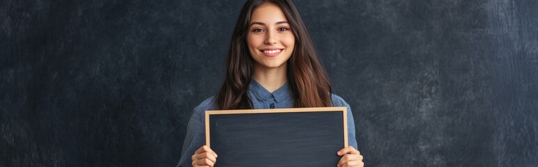 Happy woman portrait and chalkboard with sign for advertising or marketing on a studio background Young female person with smile billboard or poster for message alert or notification on mockup 
