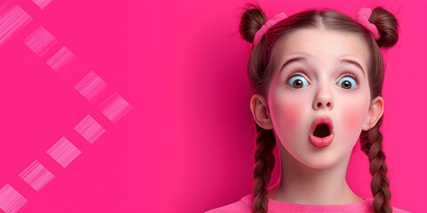 Fototapeta premium Astonished little girl with double bun hairstyle and wide open eyes against bright pink backdrop. Childhood wonder and surprise. Place for text
