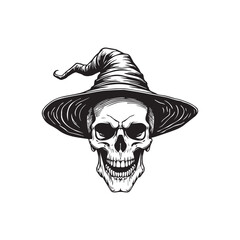 Engraved Skull with Witch Hat - Black and White Hand-Drawn Vector Art