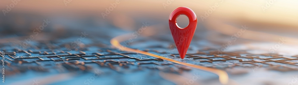 Poster red location pin on a textured map, symbolizing navigation and travel in a digital landscape.