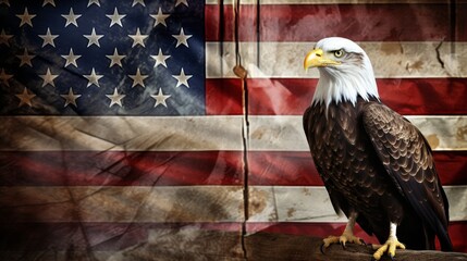 Naklejka premium Majestic eagle displaying strength and freedom against the background of the american flag