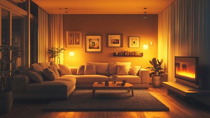 Welcoming Cozy Living Room in Detached House with Soft Ambient Lighting and Comfortable Furniture in Warm Tones