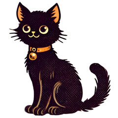 Obraz premium A black cat wearing an orange collar with a bell. Halloween vintage cartoon sticker isolated on a transparent background.