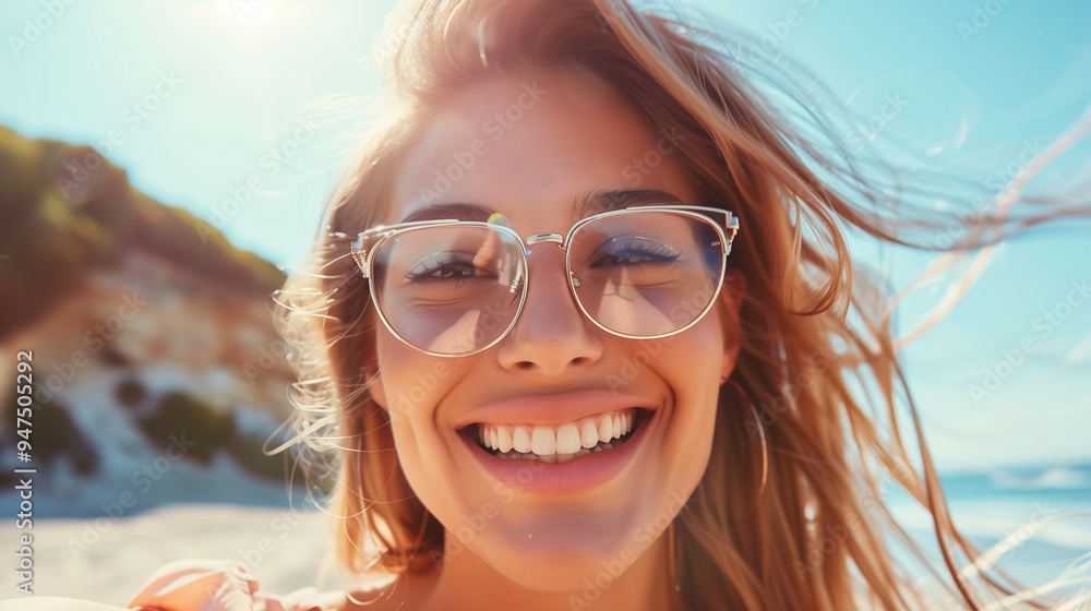 Wall mural Smiling woman with glasses taking a selfie outdoors