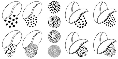 Cartoon roasted coffee beans pictogram. Coffee bean grind, size chart grains. For mug or cup. For coffee percolator. Coarse, medium or fine progress bar, loading. Manual coffee grinder.