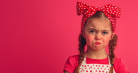 Grumpy little girl in polka dot headband and apron on bright pink background for children's emotion or retro fashion concept with copy space