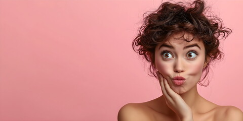 Obraz premium Surprised young woman with curly hair and wide eyes making funny face on pink background. Beauty and emotion concept in advertising. Place for text