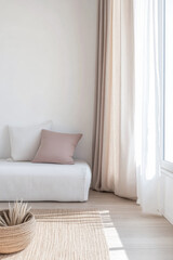 Interior design room composition with minimal furniture and relaxing colors. Decor conceptual image with ample copyspace.