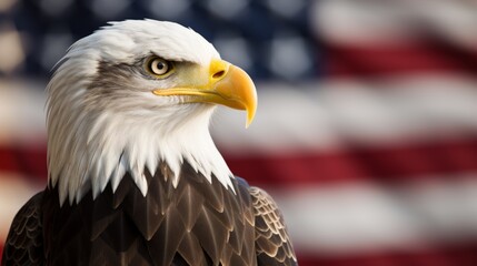Fototapeta premium Majestic eagle displaying strength and freedom against the background of an american flag