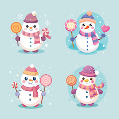 Cute Cartoon Snowman Named Snowie in Pink Scarf with Colorful Lollipop - Soft Pastel Background