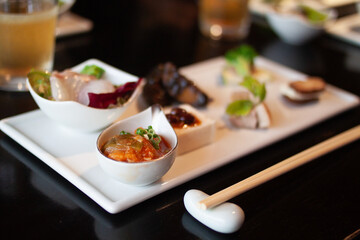 Delicious and beautiful appetizer with a variety of healthy ingredients at a fancy food restaurant...