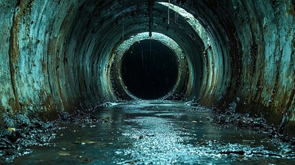 A dark, eerie underground tunnel perfect for Halloween themes, evoking a spooky atmosphere, ideal for haunted house designs or horror event promotions with copy space.