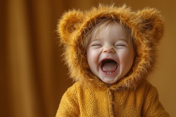 Adorable toddler in a lion costume joyfully roaring on an orange backdrop, perfect for Halloween promotions and themed events, with copy space.