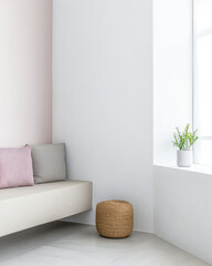 Interior design room composition with minimal furniture and relaxing colors. Decor conceptual image with ample copyspace.