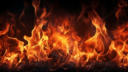 Fototapeta premium Dynamic fire flames with sparks on dark background vibrant burning texture banner template