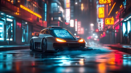 Fototapeta premium A futuristic cleaning robot sweeping excess sand from a sleek, metallic pavement, holographic control panel visible, Sci-Fi, Neon lights, 3D Render