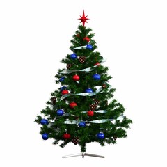 Christmas tree with decorations, isolated on white background, 3D illustration, cg render