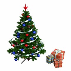 Christmas tree with decorations, isolated on white background, 3D illustration, cg render