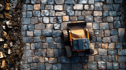 A top-down shot of cobblestones being compacted into a sand base with a plate compactor, showcasing joint sand filling the gaps, achieving a firm, polished surface