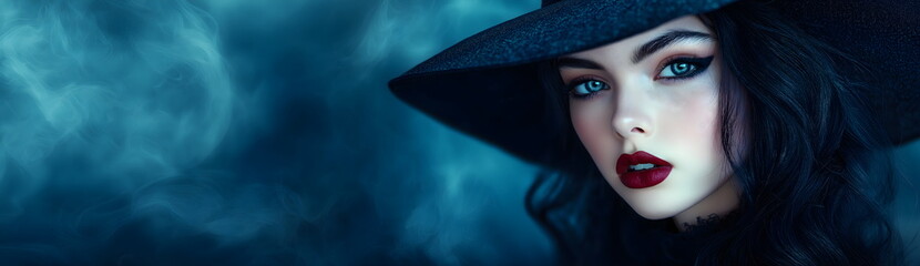 Banner with Mysterious Woman in Black Hat on Turquoise Background. Gothic Fashion or Dark Beauty Concept. Place for text