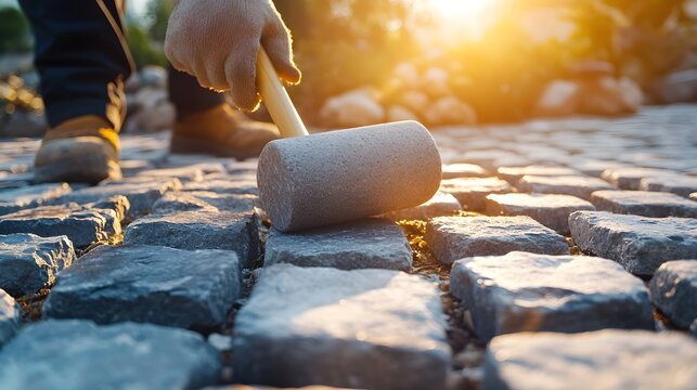 A worker laying cobblestones, using a rubber mallet to adjust each stone, showcasing the tactile feel of materials in a sunlit outdoor setting