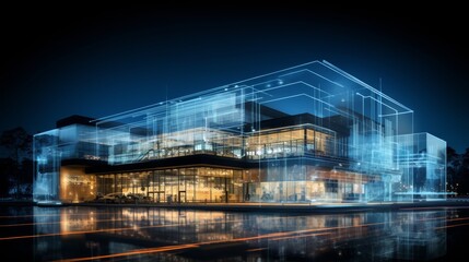 Obraz premium Digital blueprint of an office building featuring holographic elements for innovative design