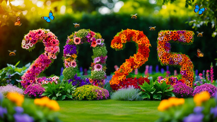 2025 Numbers Made of Vibrant Flowers in a Garden Setting

