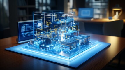 Digital blueprint of an office building with holographic tech for construction lifecycle management