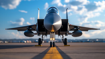 Naklejka premium A front-facing view of a fighter jet on the runway, showcasing its powerful design and readiness for takeoff under a clear sky.