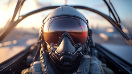 A detailed view of a fighter pilot wearing a helmet and mask, sitting in the cockpit, with a sunset reflecting off the visor.