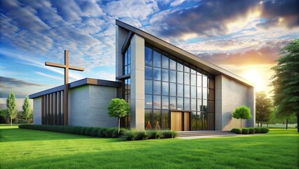 Obraz premium In verdant meadows, a contemporary church takes shape with paned glass windows forming a cross, embracing the beauty of nature and spiritual connection.