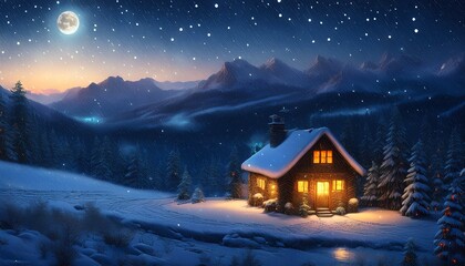 Fototapeta premium winter atmospheric landscape. in the background mountains, night, light snowfall and a lonely house with a light in the window and garlands