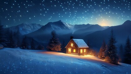 winter atmospheric landscape. in the background mountains, night, light snowfall and a lonely house with a light in the window and garlands