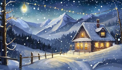 Fototapeta premium winter atmospheric landscape. in the background mountains, night, light snowfall and a lonely house with a light in the window and garlands