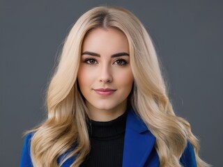 Fototapeta premium Portrait of young Caucasian woman with long blonde hair, looking at camera with calm expression, dressed in blue blazer against plain grey background