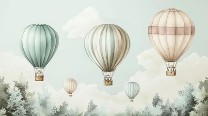Colorful vintage hot air balloons floating in a pastel sky, watercolor style, soft and dreamy tones, nostalgic and adventurous, whimsical travel theme, high-detail
