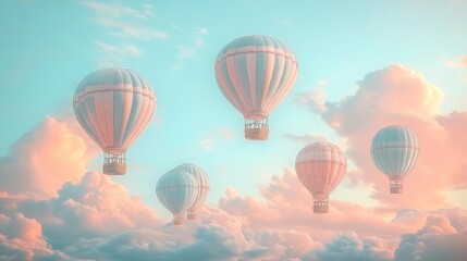 Fototapeta premium Colorful vintage hot air balloons floating in a pastel sky, watercolor style, soft and dreamy tones, nostalgic and adventurous, whimsical travel theme, high-detail