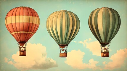 Obraz premium Colorful vintage hot air balloons floating in a pastel sky, watercolor style, soft and dreamy tones, nostalgic and adventurous, whimsical travel theme, high-detail