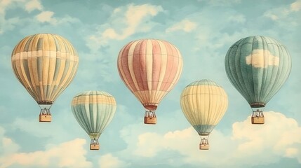 Fototapeta premium Colorful vintage hot air balloons floating in a pastel sky, watercolor style, soft and dreamy tones, nostalgic and adventurous, whimsical travel theme, high-detail