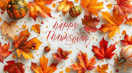 Frame of autumn Thanksgiving Day concept with warm cozy items, autumn leaves, pumpkins, pinecones on flat light background  