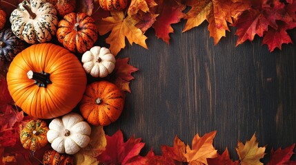 Frame of autumn Thanksgiving Day concept with warm cozy items, autumn leaves, pumpkins, pinecones on flat light background  