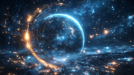 Obraz premium Cosmic Convergence: Planets Orbiting Glowing AI Entity in Imaginative Space Scene with Detailed Starfield Background